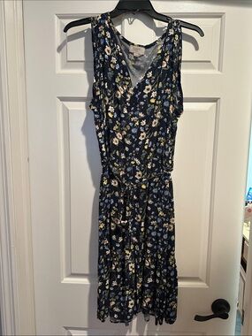 LOFT Navy Floral V-Neck Tie-Waist Midi Dress